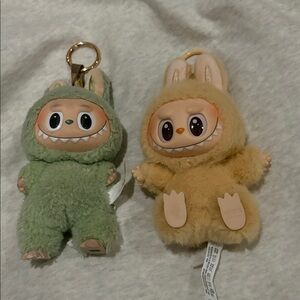 2 Labubu Keychains - Green & Beige